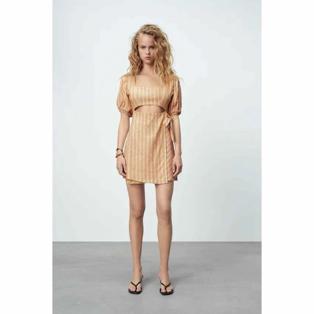 Zara Sunkissed Linen Cutout Mini Coastal Cowgirl Cottagecore Mustard Yellow M - Picture 9 of 15
